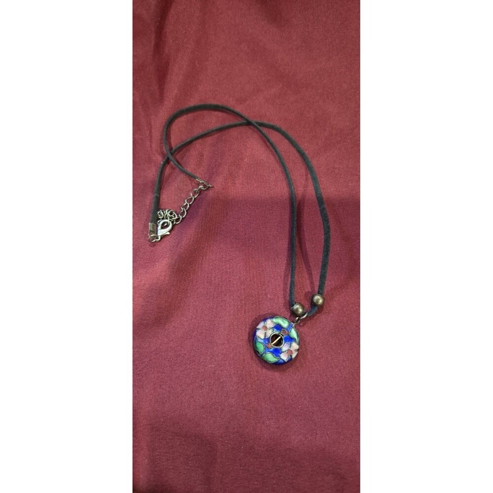 Vintage Chinese Cloisonne Enamel Donut Pendant Necklace Blue Floral Puffed Disc